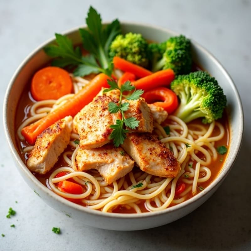 Spicy Sriracha Chicken and Crisp Vegetable Noodle Soup
