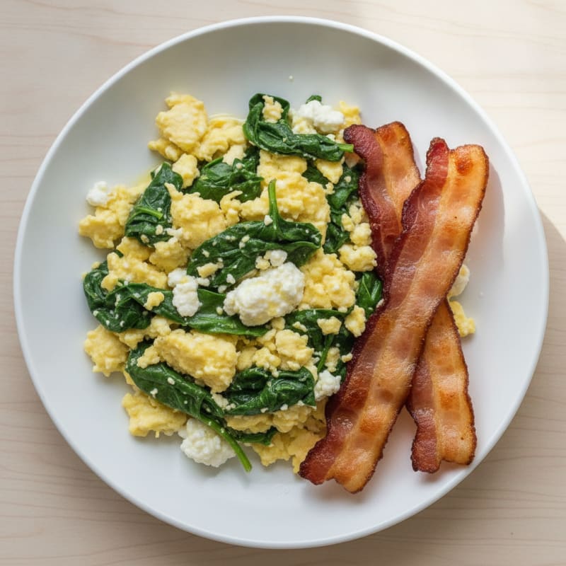 Cottage Cheese Egg Scramble with Spinach and Turkey Bacon