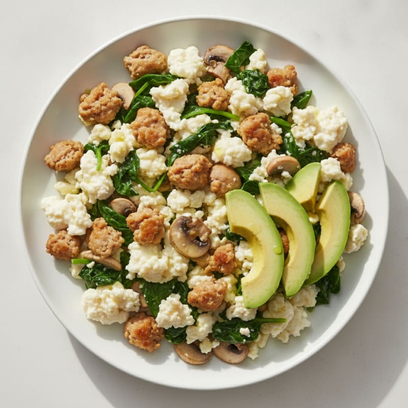 Egg White and Turkey Sausage Scramble with Spinach and Mushrooms