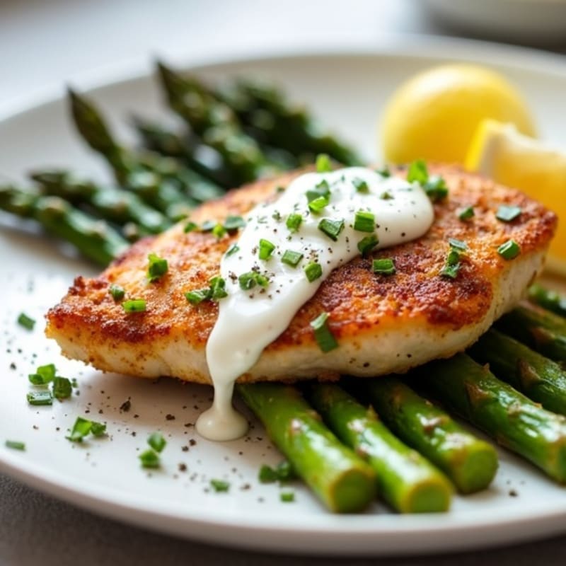 Crispy Pan-Seared Chicken with Lemon Herb Roasted Asparagus