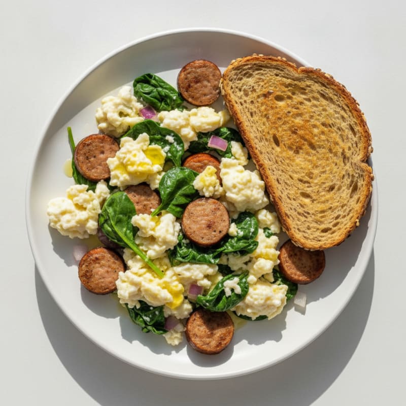 Egg White and Turkey Sausage Scramble with Sautéed Spinach