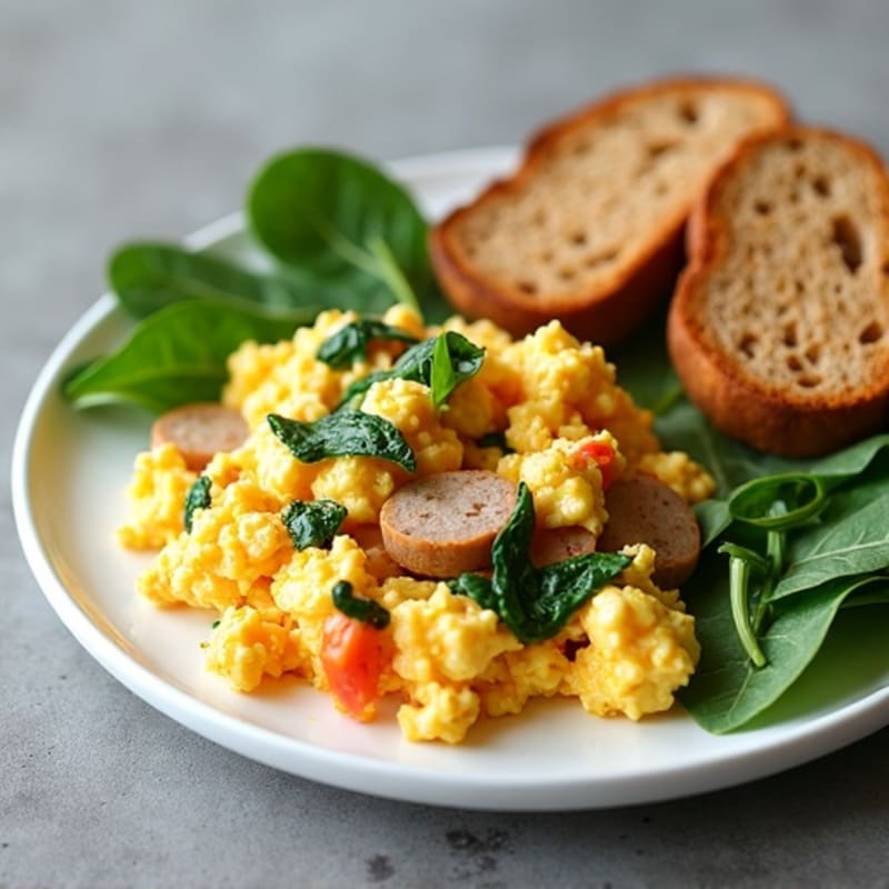 Cottage Cheese Egg Scramble with Spinach and Turkey Sausage