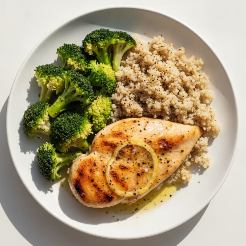Grilled Lemon Pepper Chicken Breast with Quinoa and Steamed Broccoli