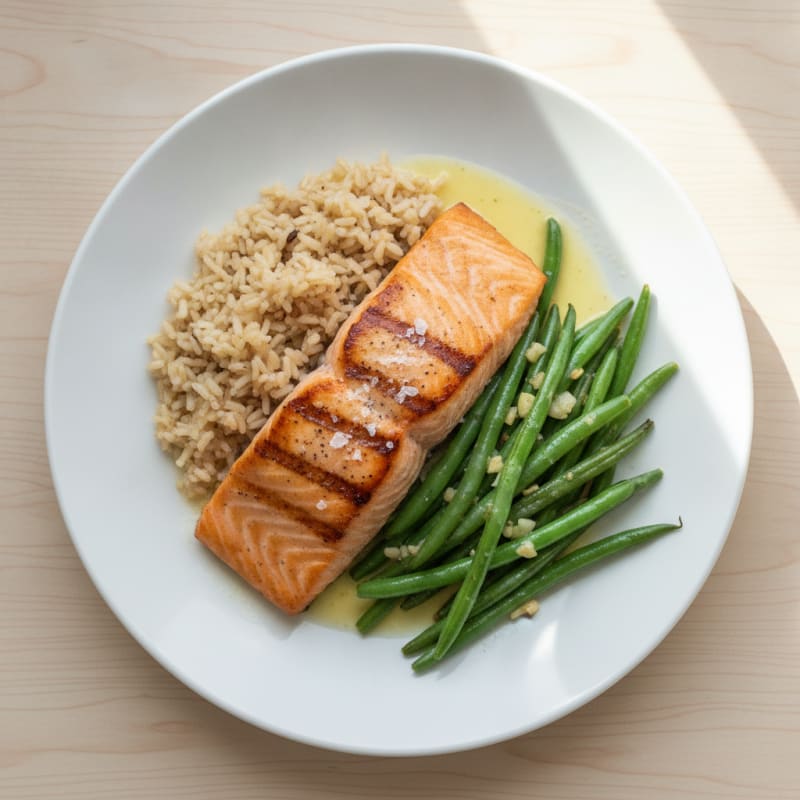 Seared Salmon Fillet with Garlic Green Beans and Brown Rice