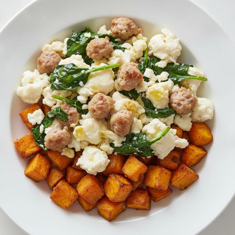 Egg White and Turkey Sausage Scramble with Spinach and Roasted Sweet Potato