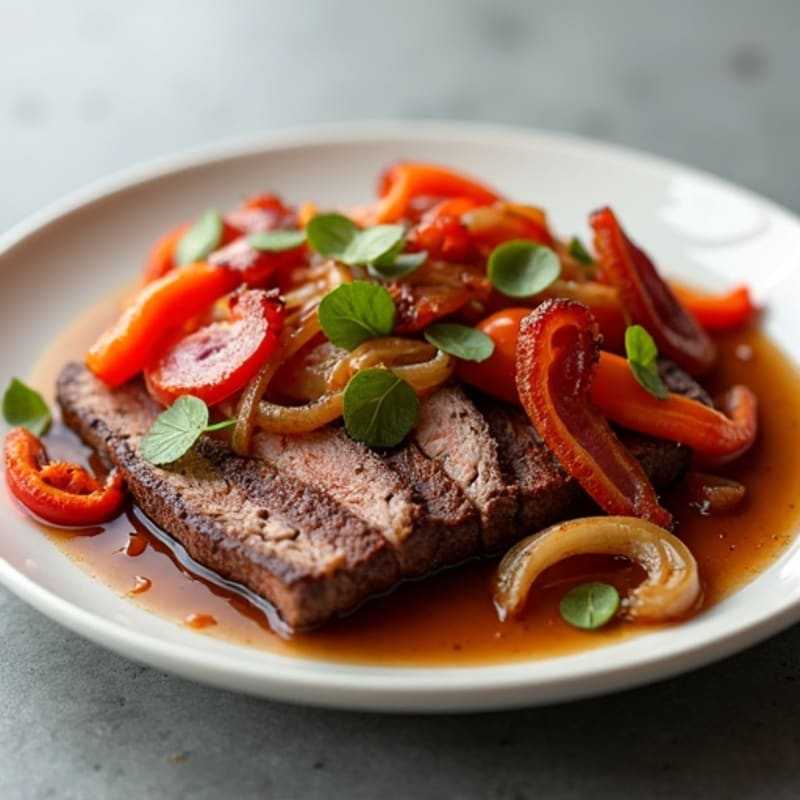 Roasted Beef and Crispy Bacon with Peppers and Onions