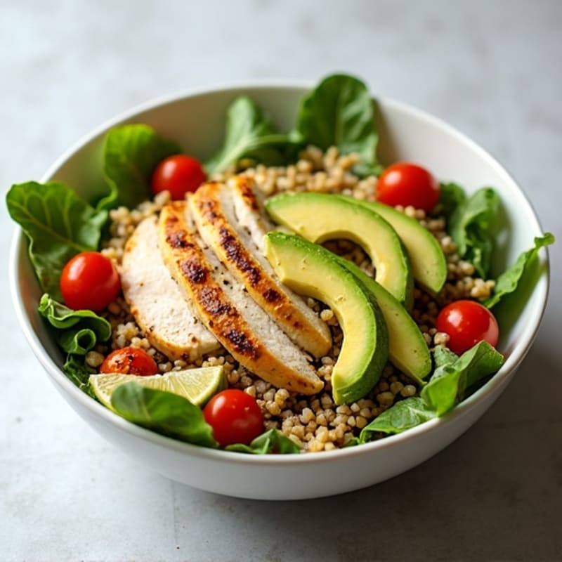 Crisp Avocado, Grilled Chicken, and Quinoa Salad Bowl