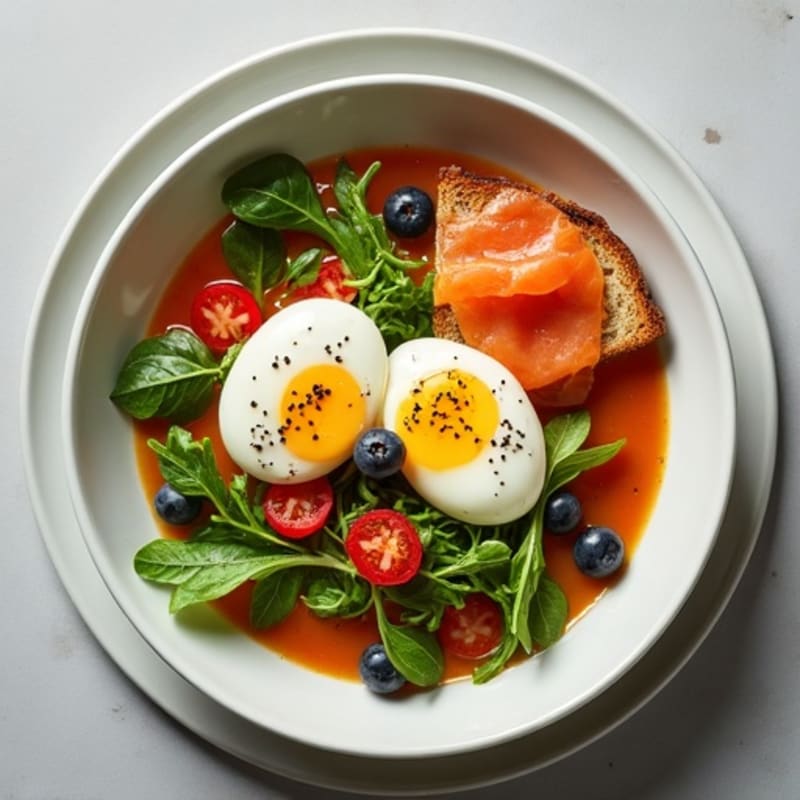 Vegetable Soup with Poached Eggs, Fresh Greens & Smoked Salmon Sourdough