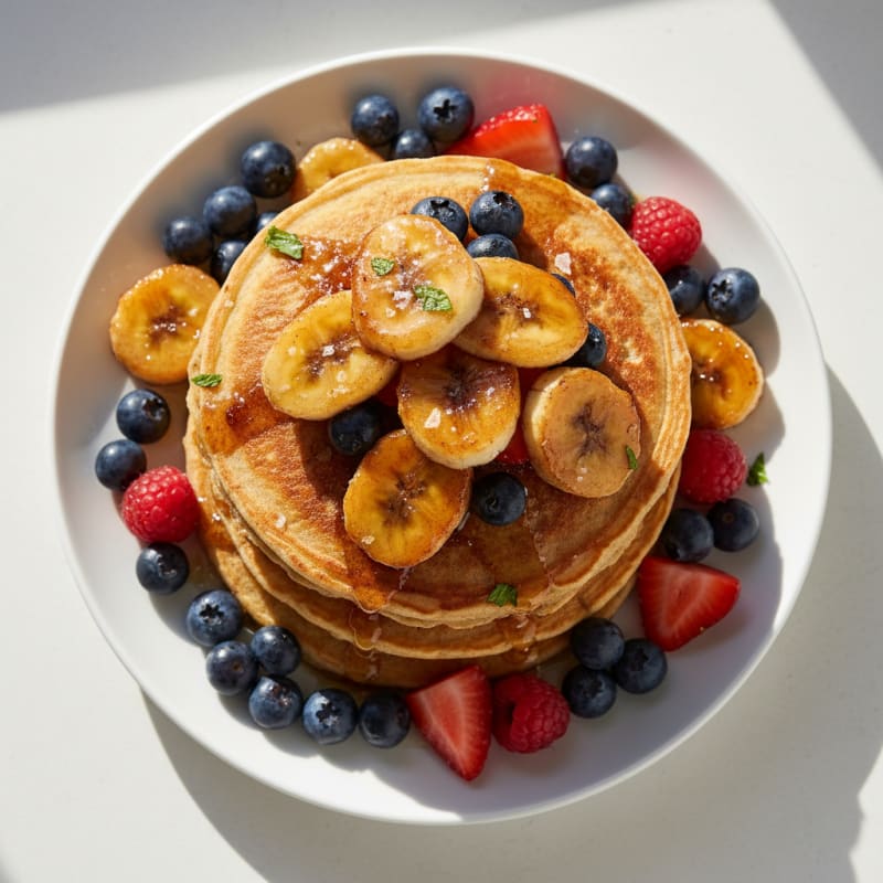 Golden Caramelized Banana Pancakes with Berries