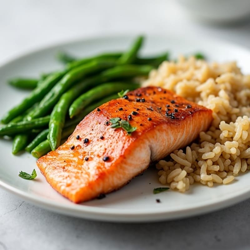 Seared Salmon with Steamed Green Beans and Brown Rice