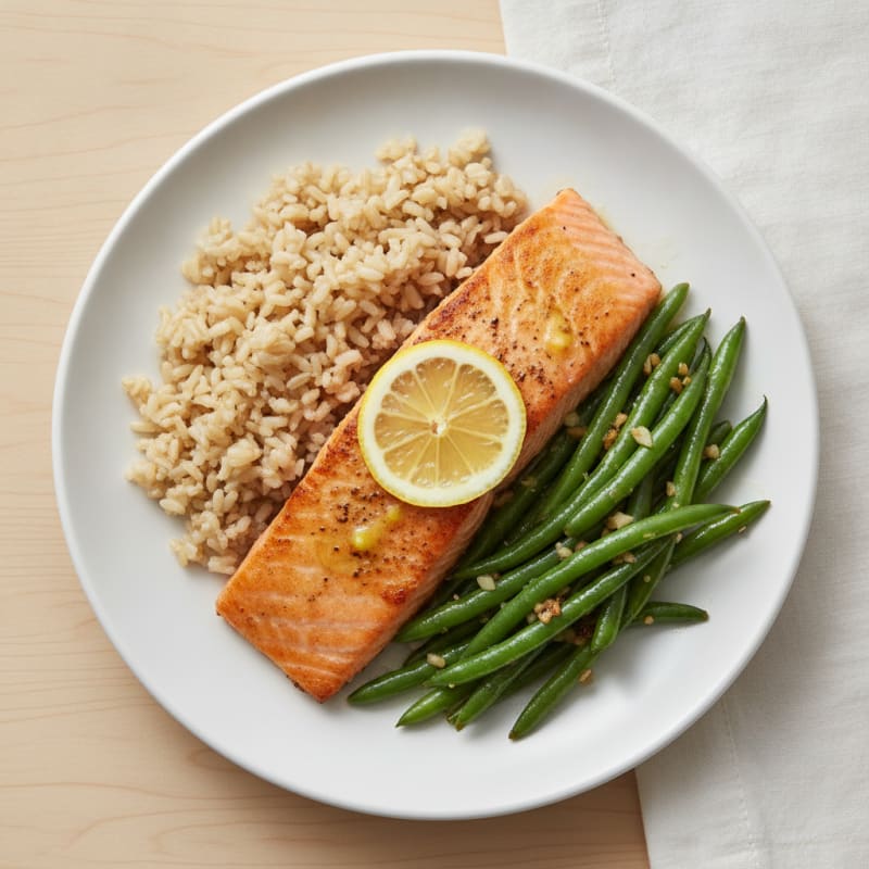 Seared Salmon Fillet with Garlic Green Beans and Brown Rice