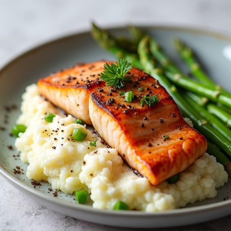 Seared Salmon with Steamed Asparagus and Cauliflower Mash
