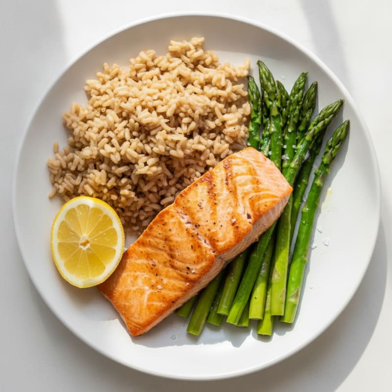 Seared Salmon Fillet with Steamed Asparagus and Brown Rice