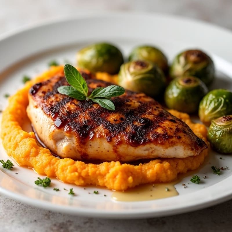 Balsamic Glazed Chicken with Creamy Sweet Potato Mash and Crispy Roasted Brussels Sprouts