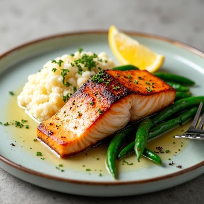 Seared Salmon with Garlicky Green Beans and Cauliflower Mash