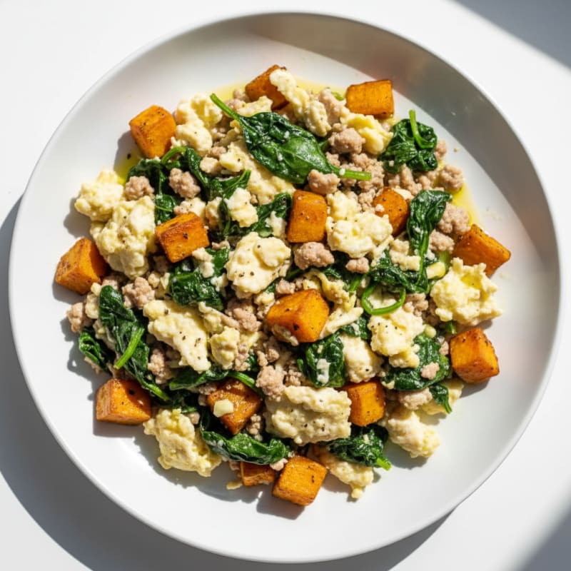 Egg White and Turkey Spinach Scramble with Roasted Sweet Potatoes