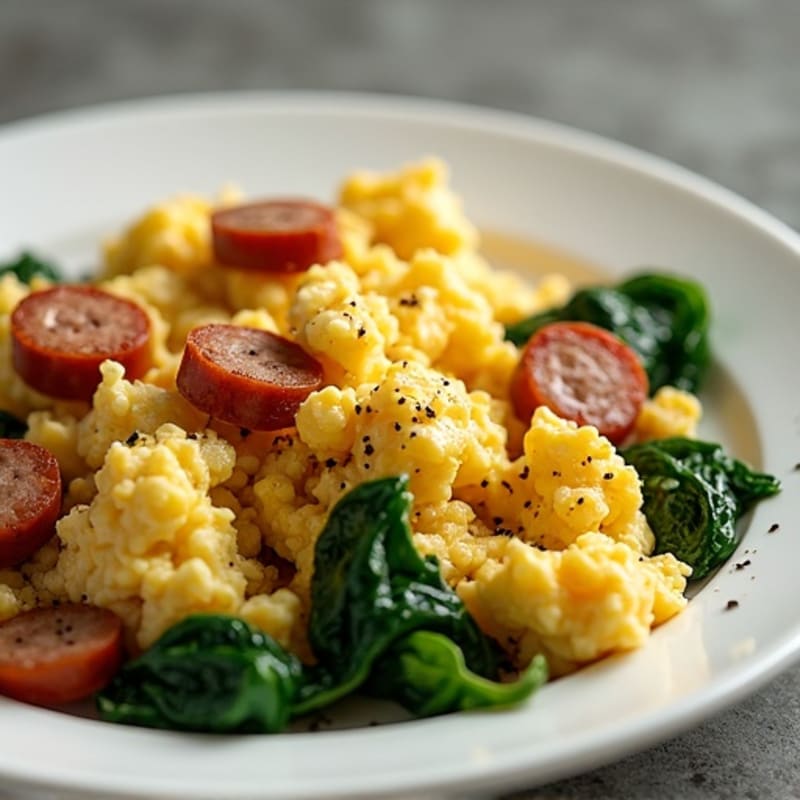 Fluffy Egg and Chicken Sausage Scramble with Sautéed Spinach