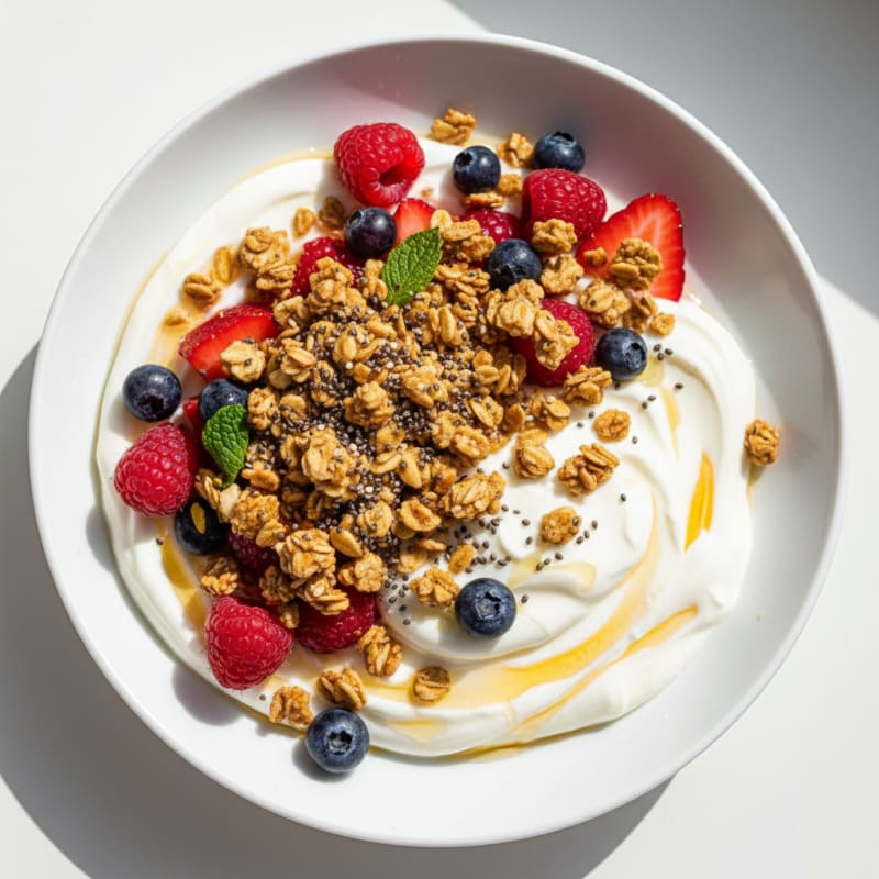 Creamy Vanilla Greek Yogurt Parfait with Mixed Berries and Protein Granola