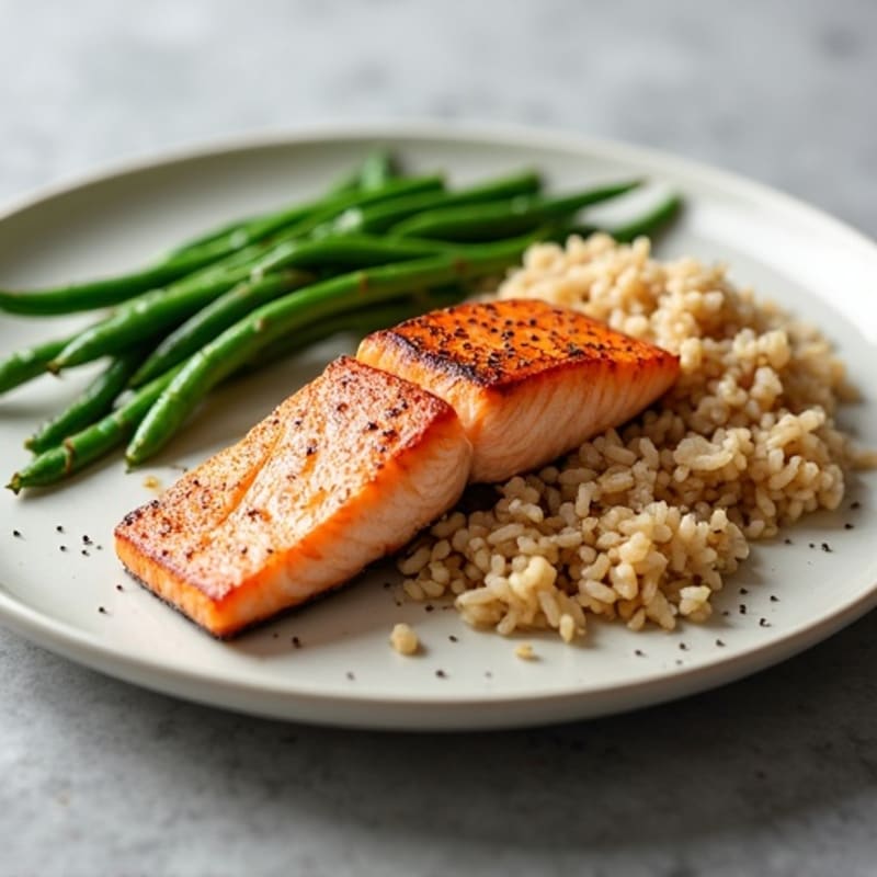 Seared Salmon with Steamed Green Beans and Brown Rice