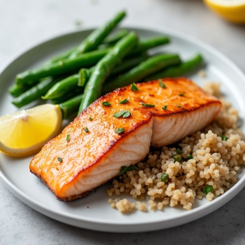 Seared Salmon with Steamed Green Beans and Brown Rice