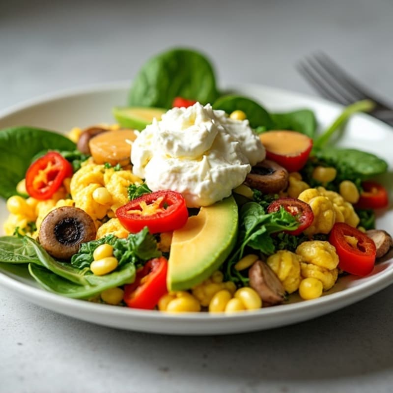 Egg White Veggie Scramble with Cottage Cheese and Fresh Spinach