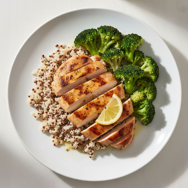 Grilled Lemon Pepper Chicken Breast with Quinoa and Steamed Broccoli