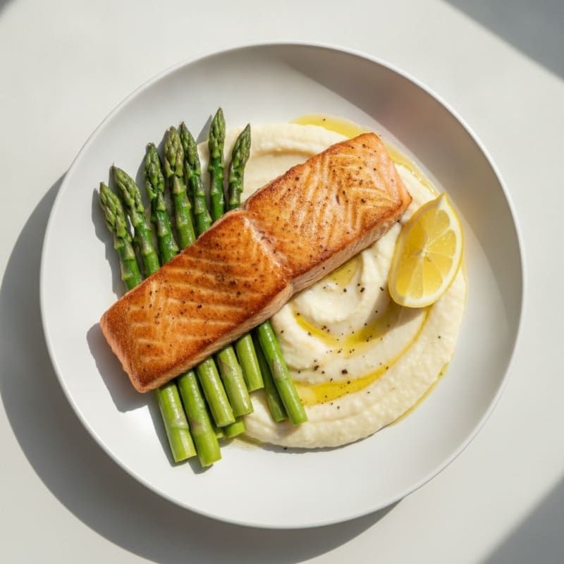 Seared Salmon with Steamed Asparagus and Cauliflower Mash