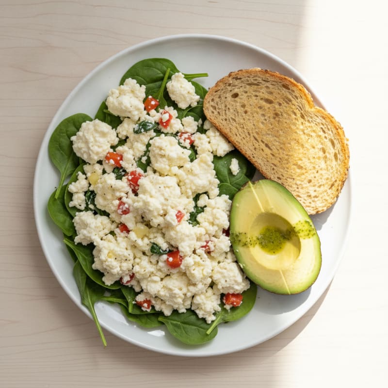 Egg White and Cottage Cheese Veggie Scramble with Sautéed Spinach
