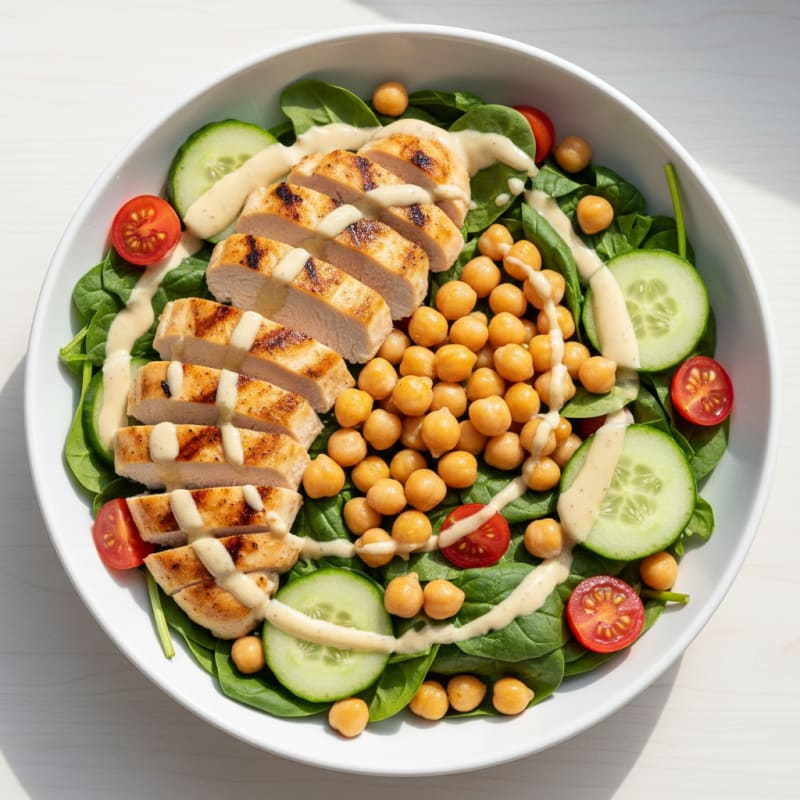 Grilled Chicken and Chickpea Power Bowl with Lemon-Tahini Dressing