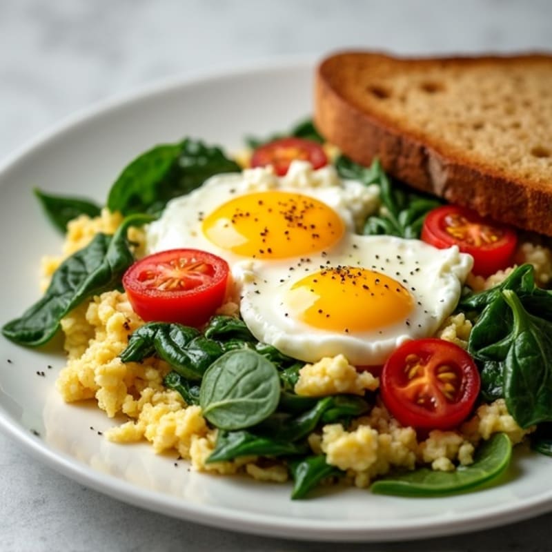 Egg White Spinach Scramble with Cottage Cheese and Cherry Tomatoes