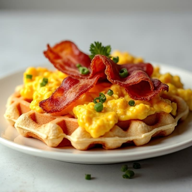 Protein-Packed Scrambled Eggs with Crispy Turkey Bacon and Fluffy Whole Grain Waffles