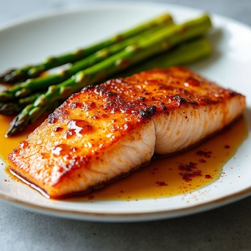 Crispy Pan-Seared Salmon with Spicy Maple Glaze and Roasted Asparagus
