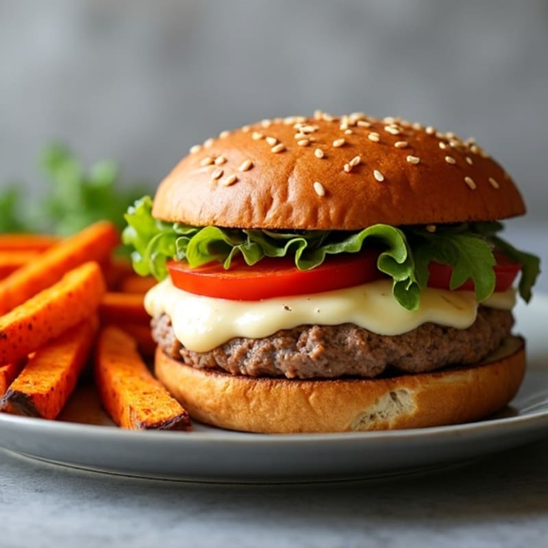 Mozzarella-Stuffed Lean Turkey Burger with Roasted Sweet Potato Fries