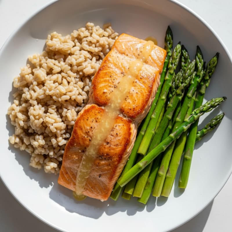 Seared Salmon with Steamed Asparagus and Brown Rice