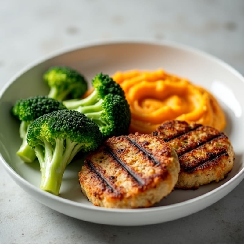 Seared Turkey Patties with Steamed Broccoli and Sweet Potato Mash