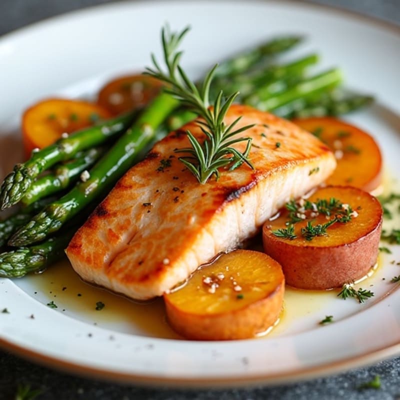 Seared Salmon Fillet with Herb-Roasted Sweet Potatoes and Asparagus