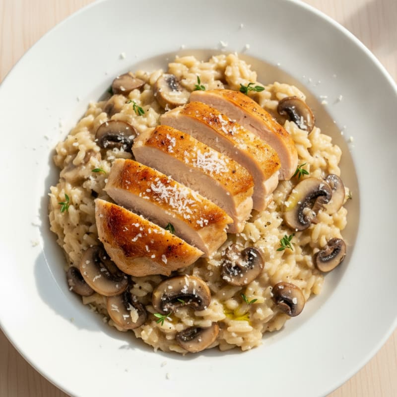 Creamy Mushroom Risotto with Parmesan and Roasted Chicken
