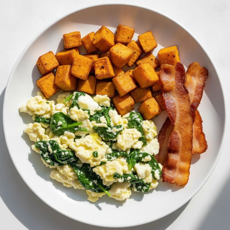 Crispy Turkey Bacon and Egg White Scramble with Roasted Sweet Potatoes