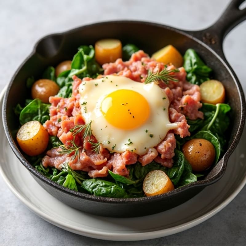 Savory Ham and Melted Swiss Skillet with Fresh Spinach