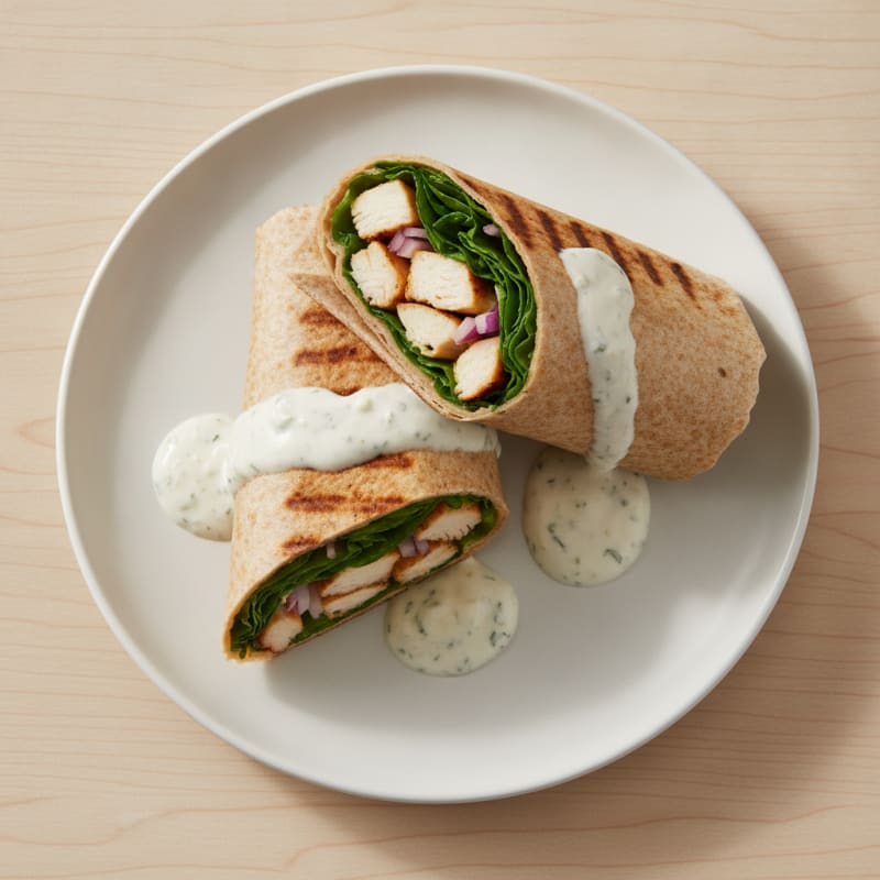 Grilled Chicken Wrap with Baby Spinach, Red Onion, and Garlic Yogurt Sauce