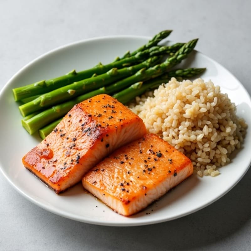 Seared Salmon Fillet with Steamed Asparagus and Brown Rice