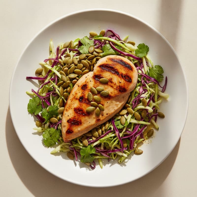 Grilled Chicken Breast with Crunchy Cabbage Slaw and Pumpkin Seeds