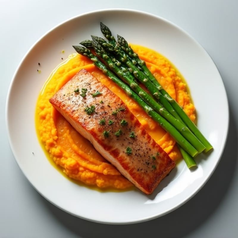 Seared Salmon Fillet with Steamed Asparagus and Sweet Potato Mash