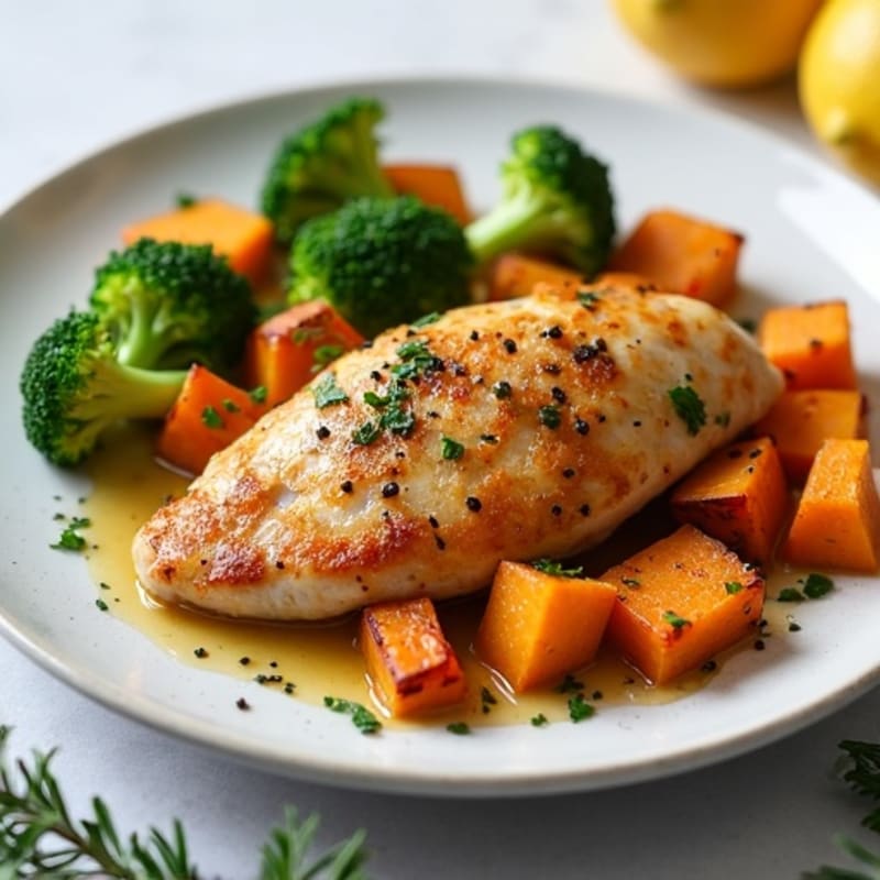 Crispy Lemon-Herb Roasted Chicken with Roasted Broccoli and Sweet Potatoes