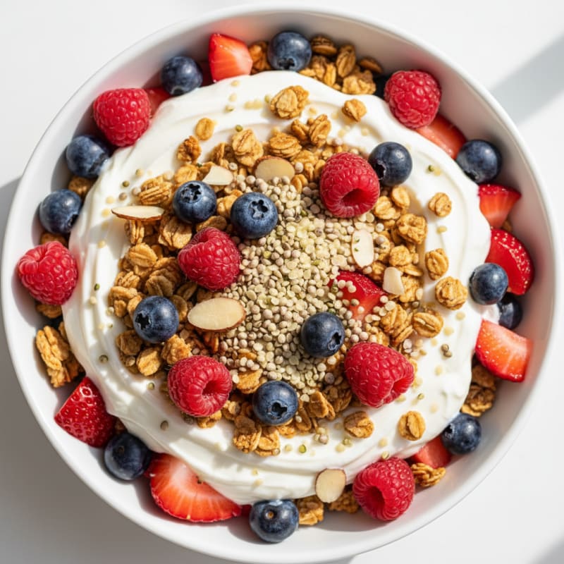 Greek Yogurt Parfait with Crunchy Almond Granola and Mixed Berries