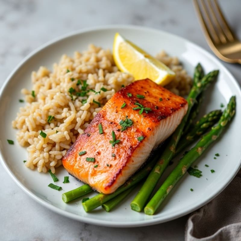 Seared Salmon with Steamed Asparagus and Brown Rice