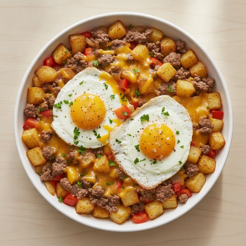 Cheesy Egg and Potato Hash with Ground Beef