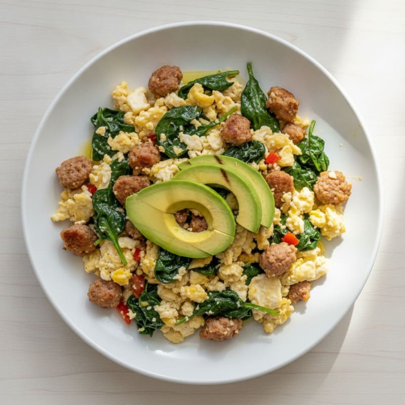 Egg White and Turkey Sausage Scramble with Sautéed Spinach