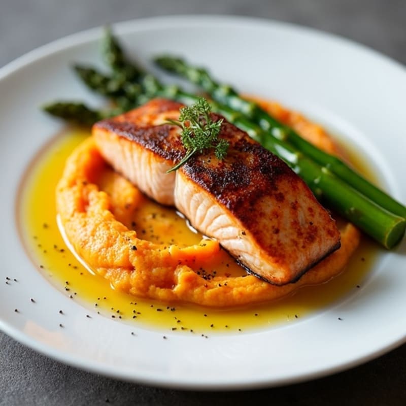 Seared Salmon with Roasted Asparagus and Sweet Potato Mash