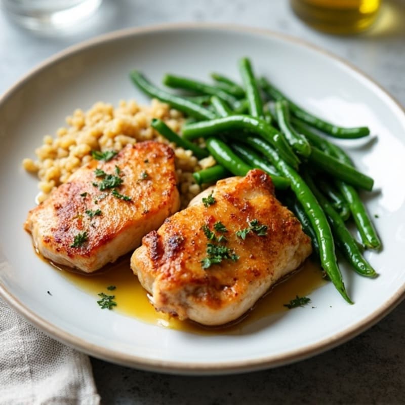 Seared Chicken Thighs with Farro and Garlic Green Beans